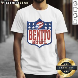 Alt Text: Top Benito Bowl NFL Shield Puerto Rico Flag graphic on a sporty t-shirt, perfect for football fans and enthusiasts.