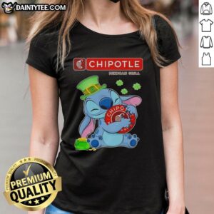 Happy St. Patrick's Day ladies tee featuring Nice Stitch hug logo for Chipotle Mexican Grill, perfect for festive celebrations.
