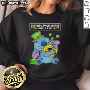 Nice Stitch Hug Buffalo Wild Wings Grill and Bar logo on a Happy St. Patrick's Day sweatshirt.