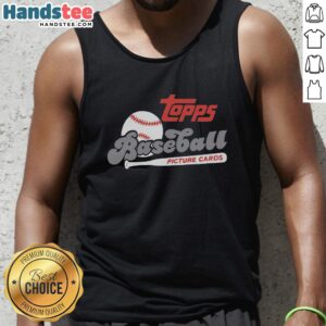 Premium Topps baseball picture cards design on a retro raglan tank top, perfect for sports fans and collectors.