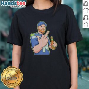 Pretty cartoon Sam Darnold flicks off with middle finger on a ladies tee, showcasing a playful sports design.
