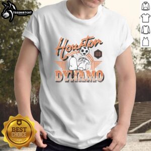 Premium Peanuts Snoopy X Houston Dynamo FC T-shirt featuring Snoopy in Dynamo colors, perfect for soccer fans.