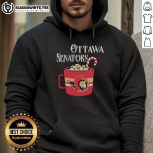 Official Ottawa Senators hockey team NFL mug and candy cane hoodie, perfect for fans during the winter season.