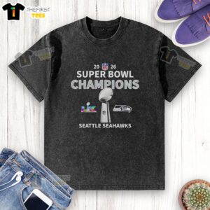 Alt Text: Premium NFL 2026 Seattle Seahawks Super Bowl LX Champions washed t-shirt featuring the Vince Lombardi Trophy design.