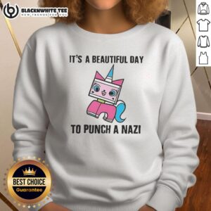 Premium 'It's A Beautiful Day To Punch A Nazi' Princess Unikitty Sweatshirt featuring a colorful design and cozy fit.
