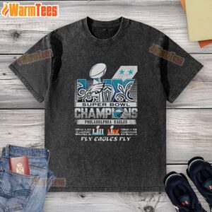 Good Philadelphia Eagles Super Bowl LIX Champions Fly Eagles Fly Washed T-Shirt displayed on a wooden background.