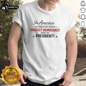 Nice In America T-Shirt featuring 'We Should Not Have To Protect Democracy From The President' slogan for political activism.