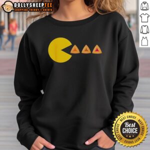 Official Purim costume sweatshirt featuring Pac-Man eating hamantaschen for a fun Jewish celebration.
