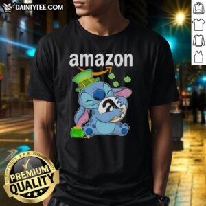 Pretty Stitch St. Patrick's Day Hug T-Shirt with Amazon logo, featuring festive green colors and cheerful design.