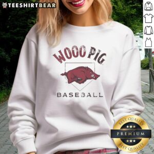 Alt Text: Cozy Arkansas Razorbacks baseball sweatshirt featuring Wooo Pig design for passionate fans and game day style.