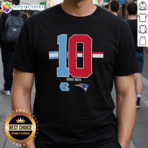 Official Drake Maye 10 New England Patriots x North Carolina Tar Heels logo T-shirt featuring vibrant graphics and team colors.