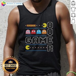 Top Pac-Man over game tank top featuring vibrant graphics and a retro design, perfect for gaming enthusiasts.