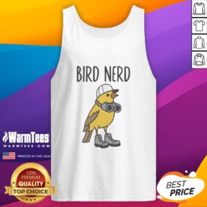 Top Brid nerd wearing shoes and binoculars with a tank top, showcasing a unique fashion style for outdoor enthusiasts.