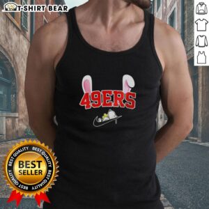 Alt Text: Pretty San Francisco 49ers X Snoopy Happy Easter tank top featuring vibrant colors and playful design for fans.