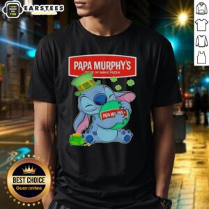 Cute Stitch hugging Papa Murphy's logo on a Happy Patrick's Day T-shirt, perfect for festive celebrations.