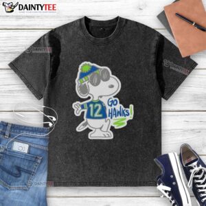 Alt Text: Awesome Snoopy in Seattle Seahawks outfit on a Go Hawks washed t-shirt, perfect for NFL fans and Snoopy lovers.