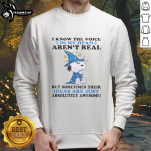 Original Peanuts Snoopy sweatshirt featuring 'I know the voice in my head aren't real, but their ideas are awesome.'