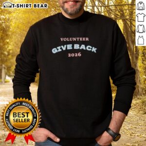 Alt Text: Official Volunteer Give Back 2026 Sweatshirt in navy blue, promoting community service and volunteerism.