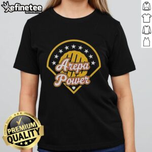 Top Arepa Power logo on a stylish ladies tee, showcasing vibrant design and trendy fashion for women.