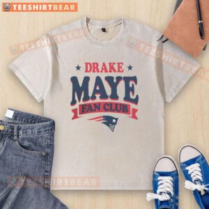 Top New England Patriots Drake Maye Fan Club washed t-shirt featuring team logo and player name in vibrant colors.