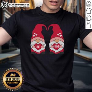 Adorable 'Be Mine' Valentine gnome couple shirt featuring cute love hearts for a perfect Valentine's Day gift.
