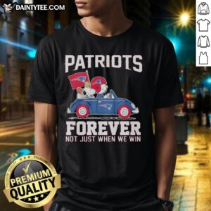 Alt Text: Snoopy and Woodstock in New England Patriots t-shirt: 'Forever Not Just When We Win' design, perfect for fans.