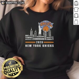 2026 New York Knicks sweatshirt featuring city skyline and all player names for fans and collectors.