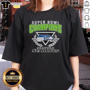Official Seattle Seahawks Super Bowl XLVIII Champions logo center on a ladies tee, showcasing team pride and style.