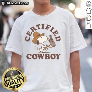 Alt Text: Cute Peanuts Snoopy certified cowboy t-shirt featuring Snoopy in a cowboy hat, perfect for fans of the classic comic.