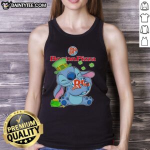 Alt Text: Nice Stitch Hug the Boston Pizza logo on a Happy St. Patrick's Day tank top, perfect for festive celebrations.