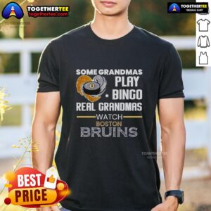 Alt Text: Awesome 'Real Grandmas Watch Boston Bruins' T-Shirt design celebrating grandmas who love hockey and bingo.