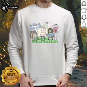 Nice Parks and Recreation Regular Show sweatshirt displayed on a hanger, featuring vibrant colors and a fun design.