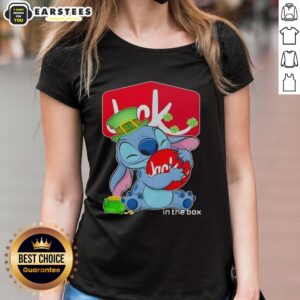 Cute Stitch hugging the Jack in the Box logo on a Happy St. Patrick's Day ladies tee shirt design.