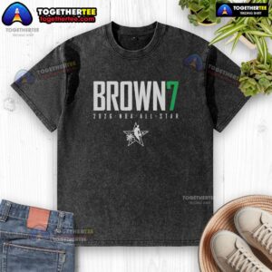Top Jaylen Brown Boston Celtics 2026 NBA All-Star Elite Washed T-Shirt showcasing vibrant team colors and player graphics.