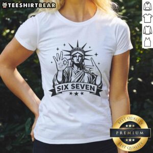 Alt Text: Funny Statue of Liberty graphic on a 67 ladies tee, perfect for casual wear and celebrating American humor.