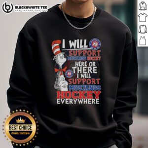 Alt Text: Cozy sweatshirt featuring Dr. Seuss Cat in the Hat design, supporting Mustangs Hockey team.