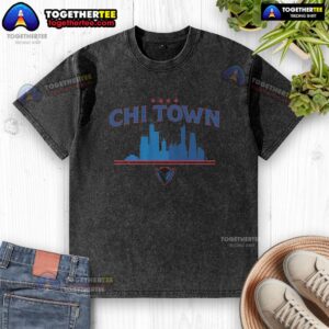 Alt Text: Awesome DePaul Blue Demons NCAA basketball washed t-shirt featuring Chicago skyline design for fans.
