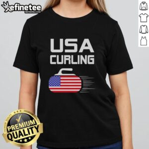 Official Curling USA Support Team ladies tee featuring the American flag, perfect for curling fans and enthusiasts.