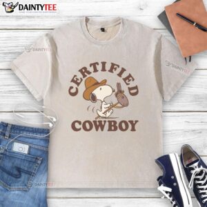Cute Peanuts Snoopy Certified Cowboy washed t-shirt featuring Snoopy in cowboy attire, perfect for casual wear.