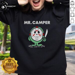 Pretty Mr. Camper cosplay featuring a Jason Voorhees sweatshirt, perfect for Halloween and horror fans.