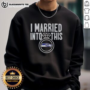 Alt Text: Official I Married Into This Seattle Seahawks sweatshirt in navy blue, showcasing team spirit and fandom.