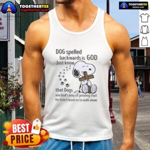 Funny tank top featuring Snoopy with the phrase 'Dog spelled backwards is God,' perfect for dog lovers and casual wear.