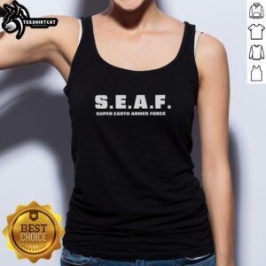 Alt Text: Original Sea Super Earth Armed Forces logo on a stylish tank top, perfect for military and fitness enthusiasts.