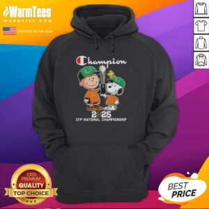 Official Charlie Brown and Snoopy 2025 CFP National Championship Miami Hurricanes hoodie featuring vibrant graphics.