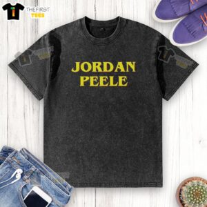 Original Jordan Peele name logo on a stylish washed t-shirt, perfect for fans of the acclaimed filmmaker.
