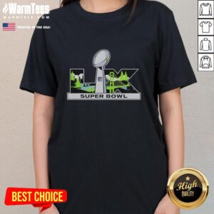 Seattle Seahawks Ladies Tee featuring Good Super Bowl LX Trophy design, perfect for fans celebrating the big game.