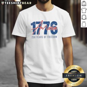 Classic Blue T-Shirt celebrating 250 years of freedom, featuring 'Pretty America 1776-2026' design.