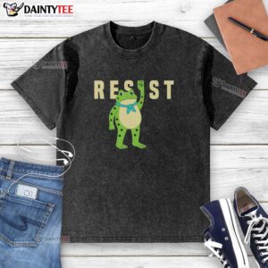 Nice Resist Portland frog caricature on a washed t-shirt, featuring vibrant colors and playful design.
