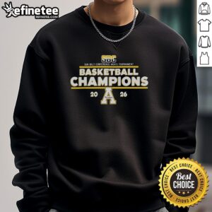 Appalachian State Mountaineers 2026 Sun Belt Conference Men's Tournament Champions sweatshirt in navy blue.