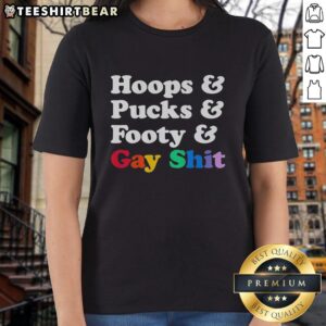 Premium Sarah Spain hoops, pucks, and footy ladies tee featuring a playful design for sports and LGBTQ+ pride.